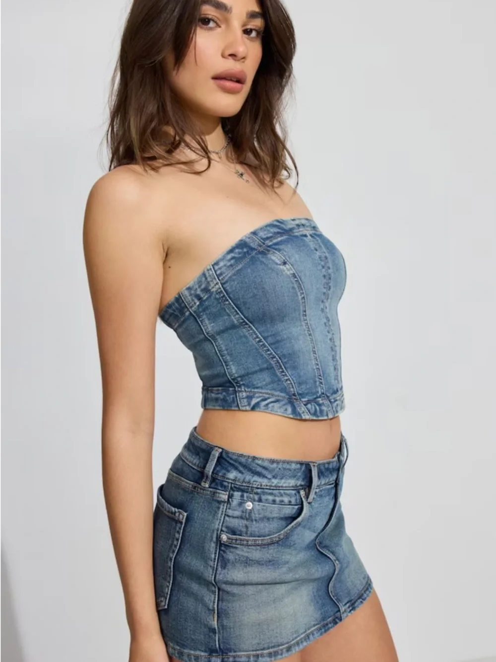 Denim Seamed Tube Top - Picture 2 of 9